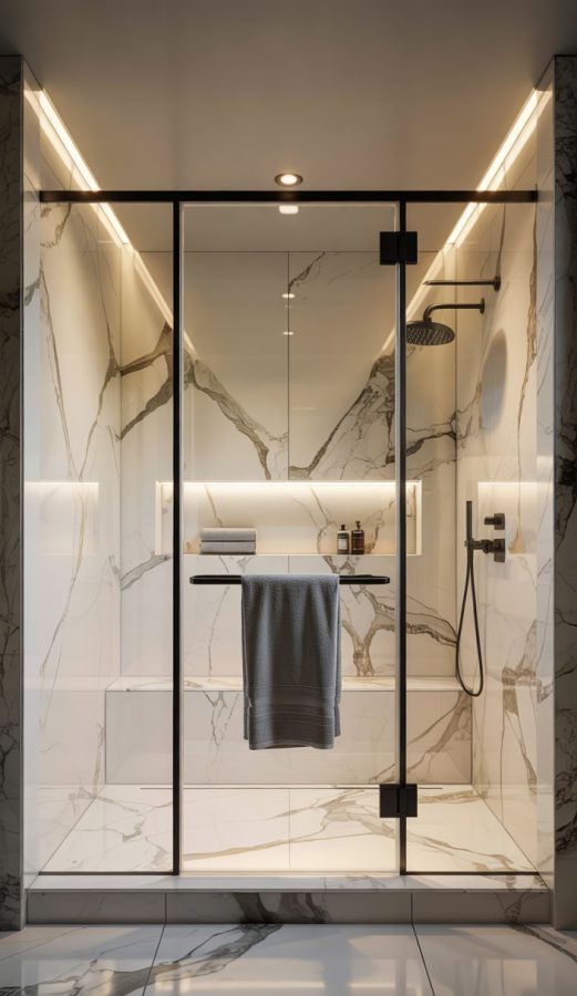 Luxury Modern Bathroom Design with Marble Shower and Black Framed Glass