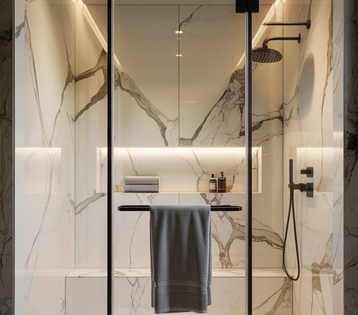 Luxury Modern Bathroom Design with Marble Shower and Black Framed Glass