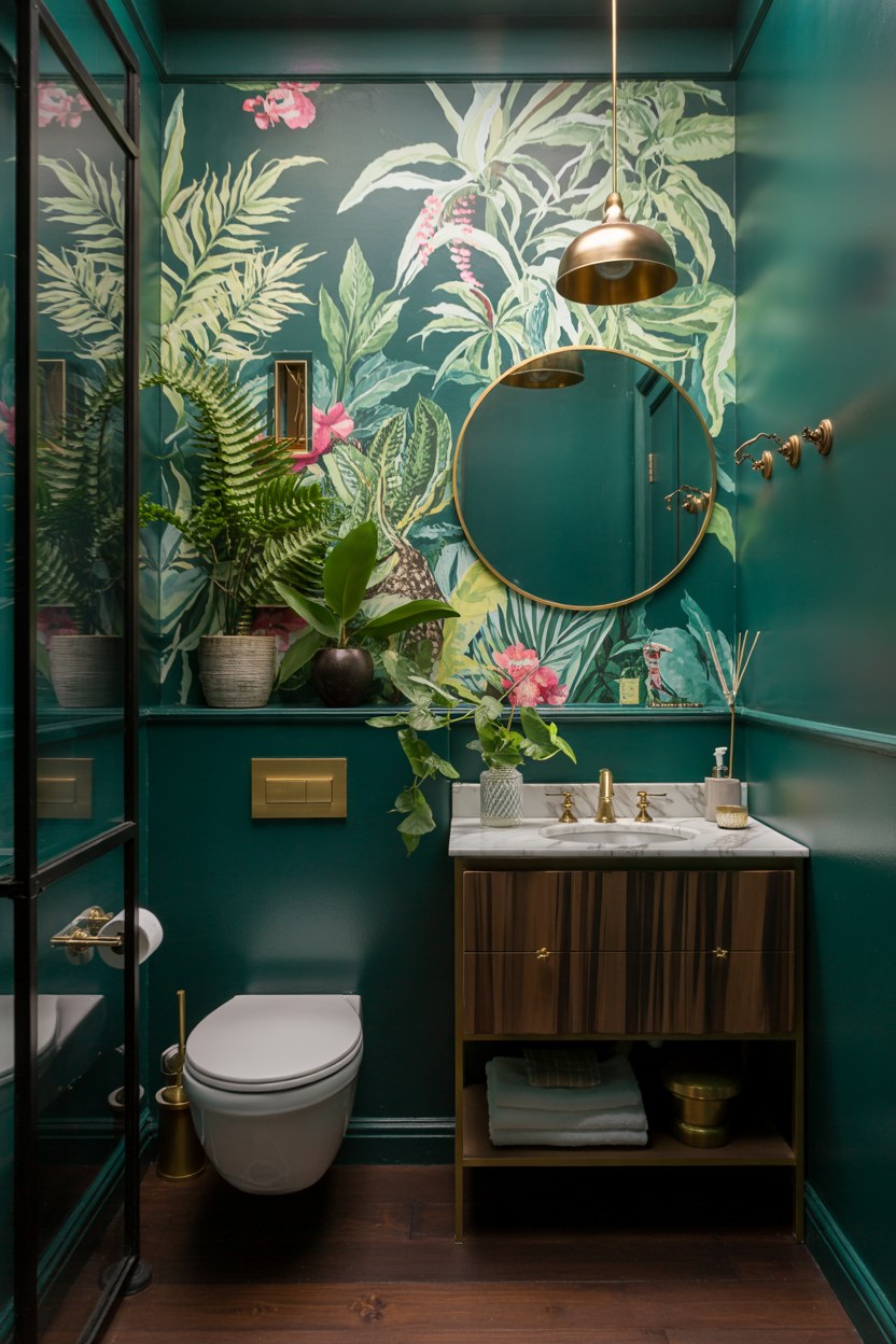 Dark Moody Bathroom Decor Ideas with Botanical Wallpaper