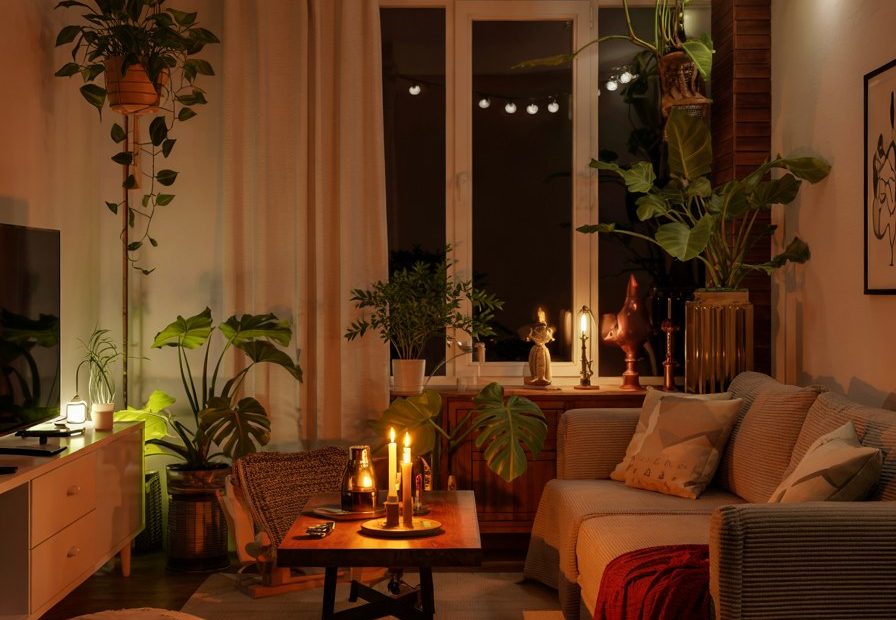 Cozy Earthy Living Room Ideas With Plants and Warm Lighting
