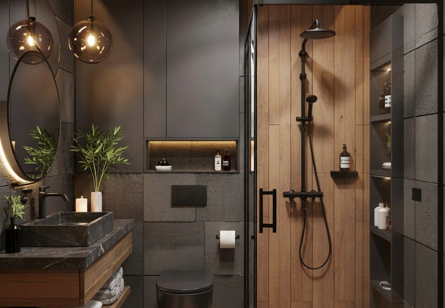 Modern Luxury Bathroom Design with Wood and Black Fixtures Ideas