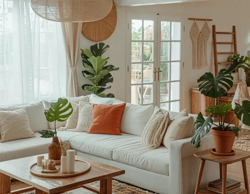 Budget Boho Living Room Decor: White L-Shaped Sectional, Woven Pendant, Plants