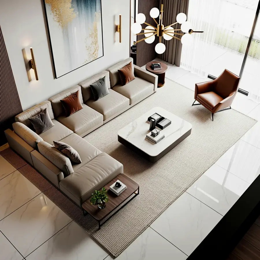 Sectional Sofa Decor for Fall: Beige L-Shaped Sofa with Marble Table Ideas