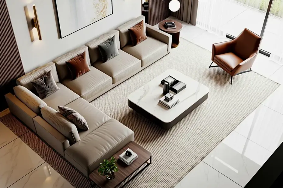 Sectional Sofa Decor for Fall: Beige L-Shaped Sofa with Marble Table Ideas